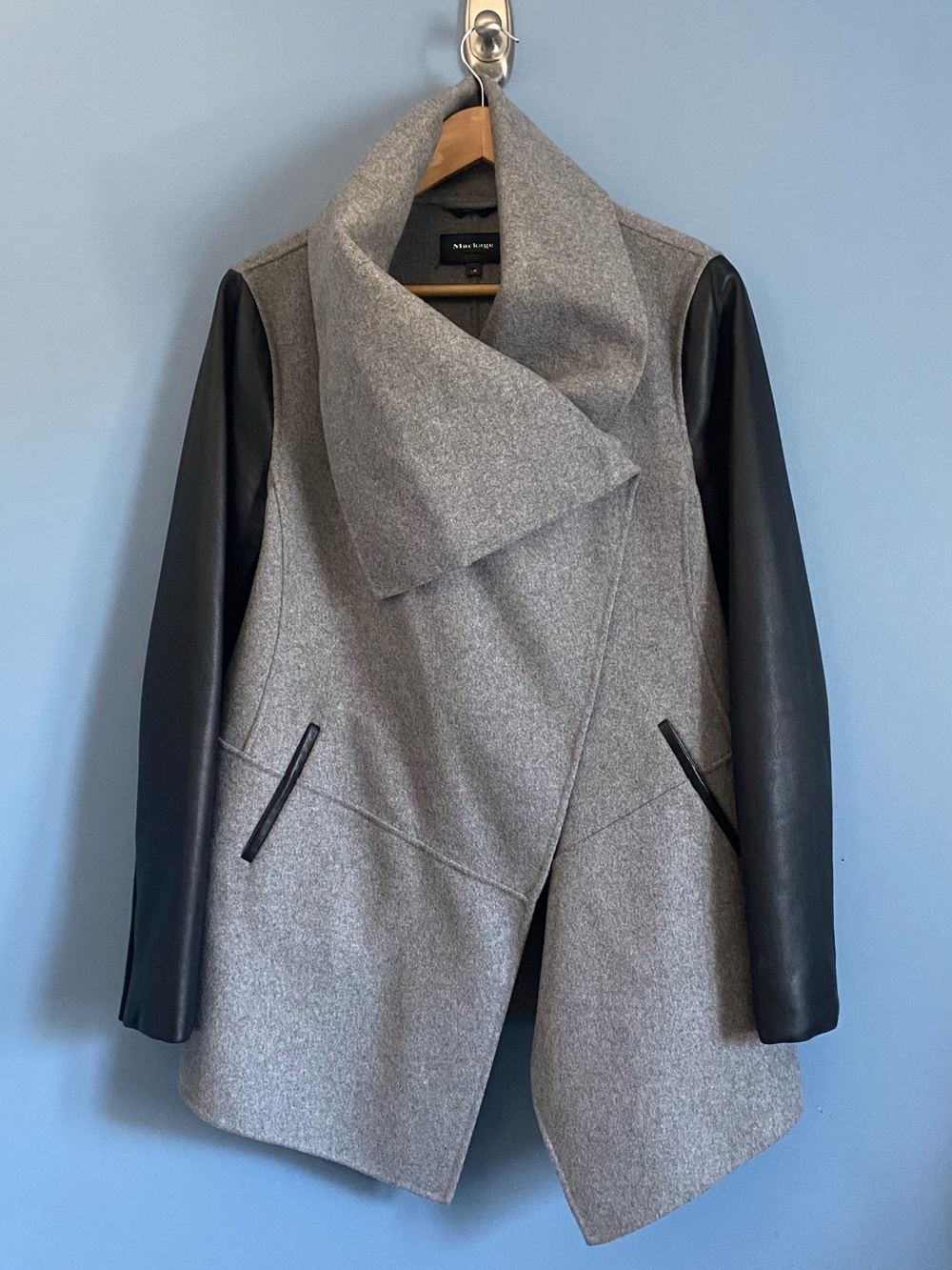Mackage Vane Gray Wool Trench with Black Leather Sleeves